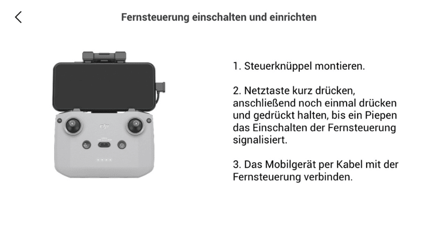 Die DJI Fly App zeigt wie Du die Fernsteuerung einschaltes und einrichtest.